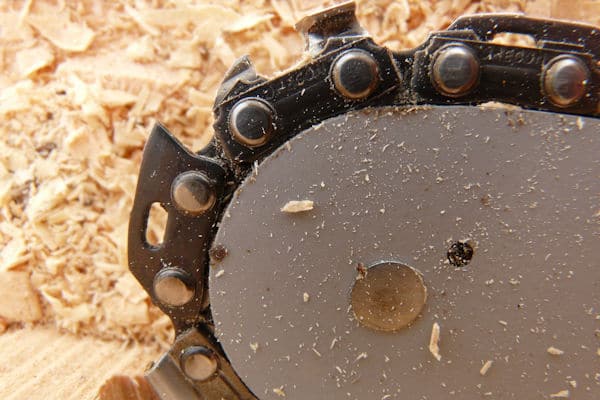 tip of an oiled chainsaw bar